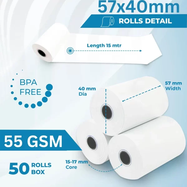 57x40mm Thermal Till Rolls 55GSM