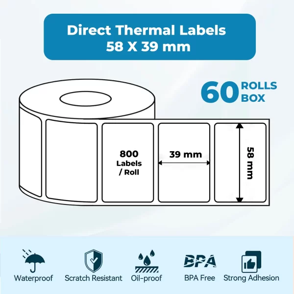 Thermal Labels 58mm x 39mm DT 800 Sticker per Roll